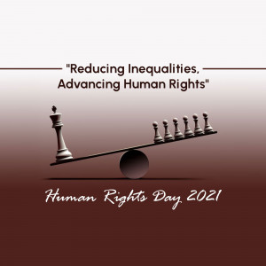 Chess pieces on a seesaw representing equality and human rights.