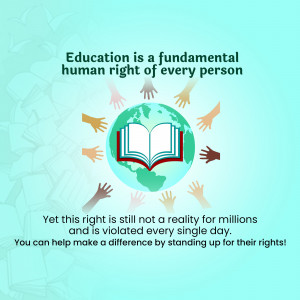 Illustration of hands reaching towards a globe with an open book, representing education as a fundamental right.