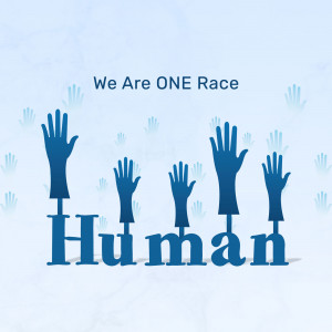Illustration of diverse hands reaching up with the text 'We Are ONE Race Human'