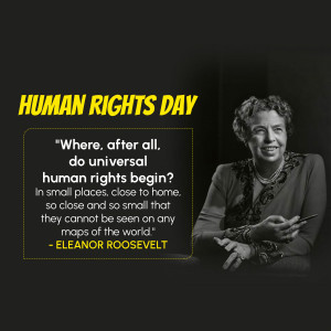Image featuring Eleanor Roosevelt with a quote about universal human rights.