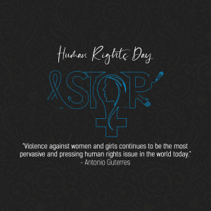Human Rights Day graphic with a ribbon and female symbol, advocating to stop violence against women.
