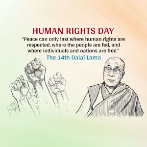 Illustration for Human Rights Day featuring the 14th Dalai Lama and raised fists.