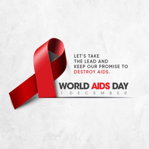 Red ribbon symbolizing World AIDS Day with text promoting awareness and commitment to ending AIDS.