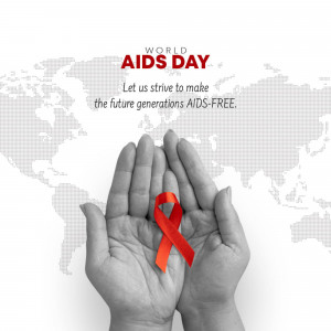 Two hands cupping a red ribbon against a world map background for World AIDS Day.