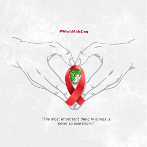 Two hands forming a heart shape around a globe with a red ribbon, symbolizing World AIDS Day.