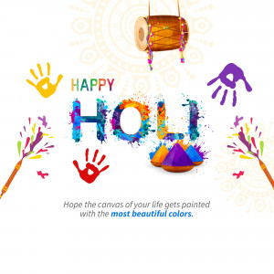 Colorful Happy Holi greeting with drum and handprints