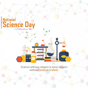 Illustration for National Science Day featuring science equipment and molecular structures.