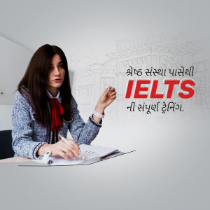 Woman writing in a notebook with IELTS training text in the background