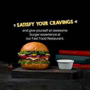 Close-up of a juicy burger with fresh ingredients, promoting a fast food restaurant.