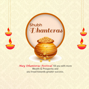 Dhanteras festival greeting with pot of gold coins and diyas