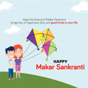 Illustration of a boy and girl flying kites for Makar Sankranti