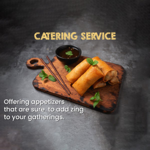 Close-up of spring rolls with dipping sauce on a wooden board, advertising catering services.