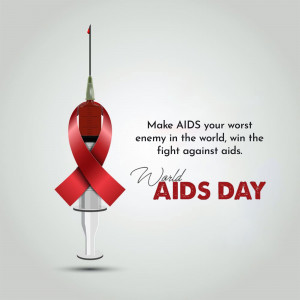 Red ribbon formed like a syringe with text promoting AIDS awareness