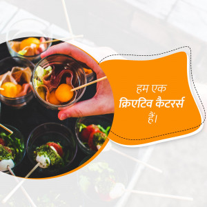 Hand picking a skewer from a catering spread with orange graphic overlay