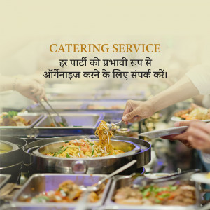 A buffet spread with various Indian dishes being served, promoting a catering service.