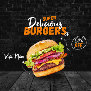 Close-up of a juicy burger with a promotional offer.