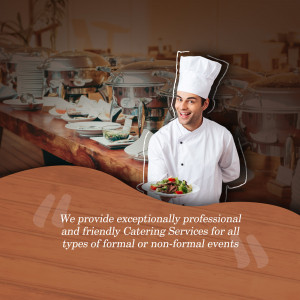 Chef presenting a dish with catering buffet in the background