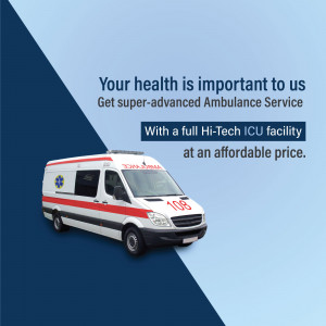 Image of an ambulance with text promoting advanced ICU facilities.