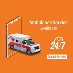 Isometric illustration of an ambulance emerging from a smartphone screen with a 24/7 availability message.