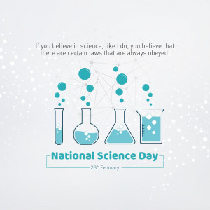 Illustration depicting beakers and a network of connections with text celebrating National Science Day.