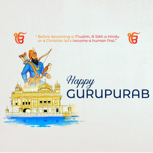 Gurupurab greeting with a depiction of Guru Gobind Singh and the Golden Temple.