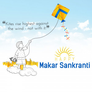 Illustration of a boy flying a kite with a Makar Sankranti greeting.