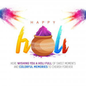 Colorful Happy Holi graphic with pot of colors and text