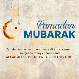 Ramadan Mubarak greeting card with crescent moon and mosque background