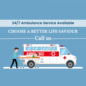 Illustration of an ambulance with a patient being wheeled towards it, promoting 24/7 ambulance service.