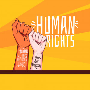 Illustration of raised fists symbolizing solidarity and the fight for human rights.