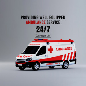 Image of a modern ambulance with the text 'Providing Well Equipped Ambulance Service 24/7'