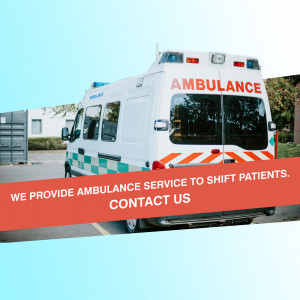 Rear view of an ambulance with text promoting ambulance services.