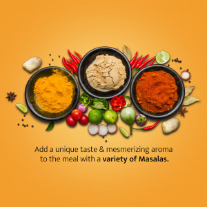 A flat lay of various colorful spices and ingredients used in Indian cuisine.
