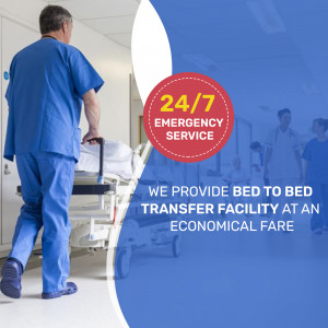 A healthcare worker pushing a patient on a stretcher with a 24/7 emergency service graphic.