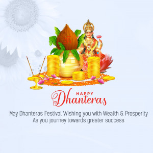Dhanteras festival greeting with Goddess Lakshmi, coconut, gold coins, and flowers.