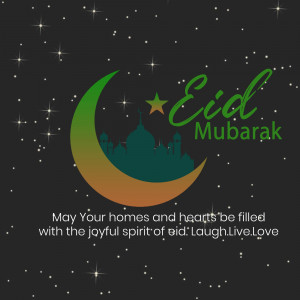 Eid Mubarak with crescent moon and mosque illustration