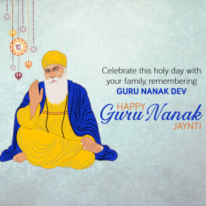 Illustration of Guru Nanak Dev with festive decorations and text 'Happy Guru Nanak Jayanti'
