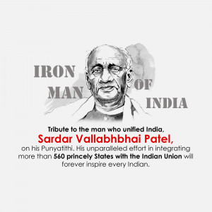 Portrait of Sardar Vallabhbhai Patel with text 'Iron Man of India'