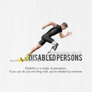 Athlete with a prosthetic leg running towards the finish line with text promoting Disability Day.
