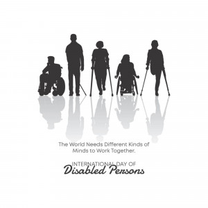 Silhouette of diverse people with disabilities walking together with text promoting inclusivity.