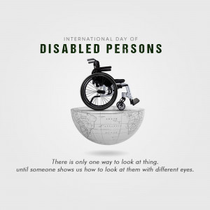 Wheelchair on top of a globe with text celebrating International Day of Disabled Persons