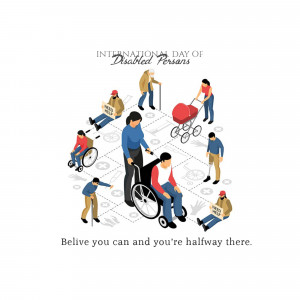 Isometric illustration depicting people with disabilities participating in everyday activities.