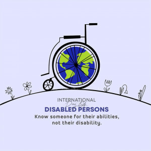 Illustration of a wheelchair with a globe as a wheel, promoting inclusivity and recognizing abilities.