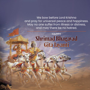 Image depicting Lord Krishna and Arjuna on a chariot, celebrating Shrimad Bhagavad Gita Jayanti.