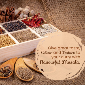 Assortment of colorful spices in a wooden tray with text overlay