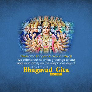 Image depicting Lord Krishna with multiple faces and arms, with text wishing a happy Bhagavad Gita Jayanti.