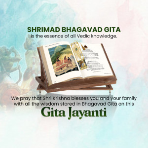 Open Bhagavad Gita book with deity figures in the background