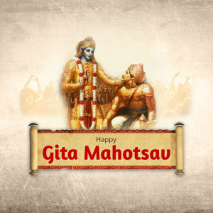 Image depicting Krishna and Arjuna with a scroll reading 'Gita Mahotsav'
