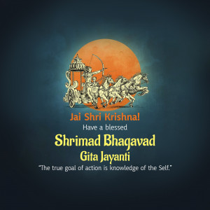 Illustration of Krishna and Arjuna in a chariot with a large orange sun in the background, celebrating Shrimad Bhagavad Gita Jayanti.