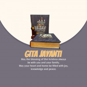 Image depicting a book and a small statue with text 'Gita Jayanti'